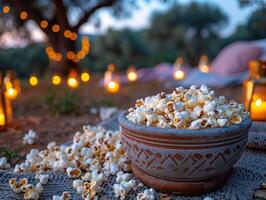 AI generated Outdoor family movie night for Victoria Day, community gathering in park, Canadian films, popcorn, blankets, stars. photo