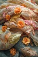 AI generated Eco dyeing fabric with natural materials, leaves and flowers, organic patterns photo