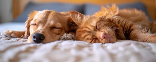 AI generated Dog and cat nap side by side, symbolizing surprising bonds of friendship. photo
