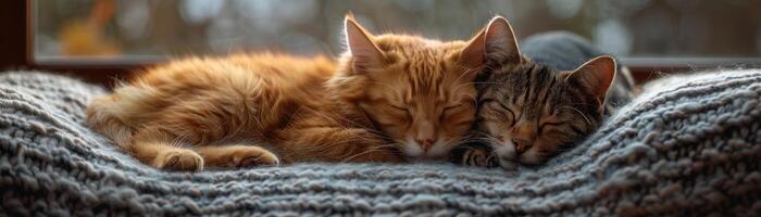 AI generated Furry friends snuggling on a cozy pet bed, warmth and comfort. photo