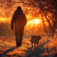 AI generated During sunrise, a serene walk becomes a cherished bonding moment for the pet and its owner. photo