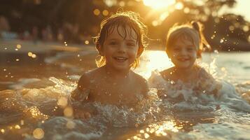 AI generated Siblings' joyful day at the beach, immersed in sand and waves photo