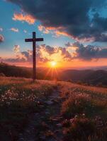 AI generated Tranquil Scene with Cross Silhouette at Sundown, Hopeful Good Friday Emblem photo