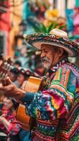 AI generated A vibrant Mexican band in the city center captivates with lively music, festive attire, and celebrates Cinco de Mayo. photo