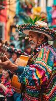 ai generado un vibrante mexicano banda en el ciudad centrar cautiva con animado música, festivo atuendo, y celebra cinco Delaware mayonesa. foto