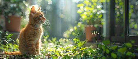 AI generated Indoor cat safely explores secure outdoor enclosure with curiosity. photo