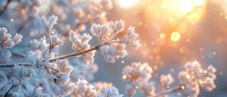 AI generated Tree branches covered in snow, close up shot highlighting the beauty of seasonal trees in winter, soft morning light. photo