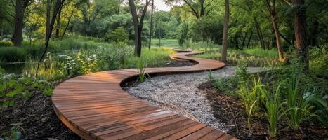 AI generated Nature trail in a city park, designed for educational walks focused on local flora and fauna, promoting outdoor activities and conservation. photo