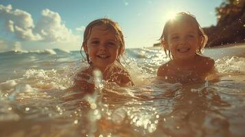 ai generado hermanos disfrutando un día a el playa con arena y ondas, feliz foto