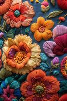 AI generated Creating a detailed floral embroidery with vibrant threads on canvas, seen up close photo