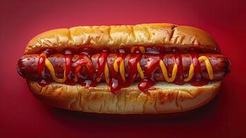 AI generated One Hot dog with mustard and ketchup closeup on minimalistic background. Created with Generative AI photo