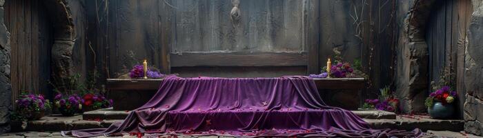 AI generated Altar Set for Good Friday with Purple Fabric and Thorns, Before Service photo