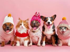 ai generado perros y gatos vestido en festivo engranaje para nacional mascota día irradiar monería y alegría. foto