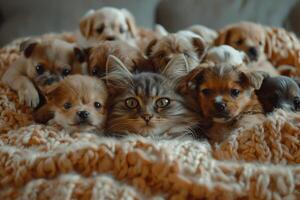 AI generated Playful April Fool's, Cat Among Puppies in Dog Disguise, Humorous Confusion photo