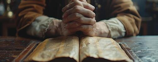 AI generated Prayerful Hands Over Bible for Good Friday Meditation, Close View photo