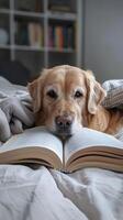 AI generated Owner of pets engrossed in a book about animal nutrition for informed care. photo