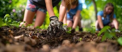 ai generado estudiantes a un colegio jardín contratar en eco simpático actividades, aprendizaje compostaje, árbol cuidado, en un educativo verde ajuste. foto