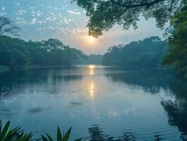 AI generated Community members exemplify water conservation by cleaning a serene lake, preventing pollution. photo