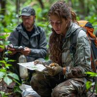 ai generado conservacionistas etiqueta fauna silvestre en un nacional parque, ayudando en el estudiar y proteccion de especies para biodiversidad preservación. foto