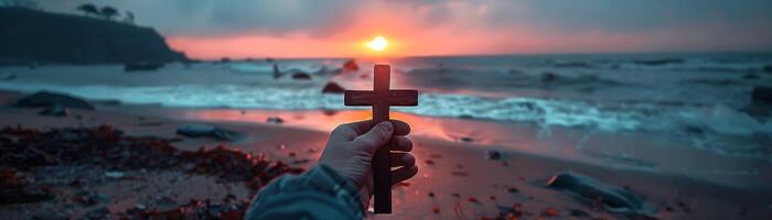 AI generated Sunset Backdrop with Cross in Hand, Symbolic of Good Friday Contemplation photo