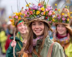 AI generated Community Spirit - Easter Parade with Participants in Bonnets, Carrying Willow Branches photo