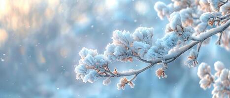 AI generated Snow covered tree branches, close up shot captures the beauty of winter trees in soft morning light. photo