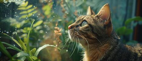 AI generated An indoor cat, safe and curious, explores a secure outdoor enclosure, enjoying the fresh air and new surroundings. photo