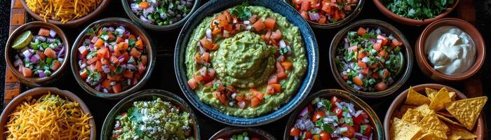 AI generated At the festive table, enjoy a guacamole dip centerpiece among vibrant Mexican dishes, enchiladas, nachos, and margaritas, all under papel picado decorations. photo