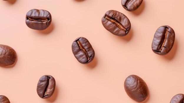 AI generated Coffee beans scattered on a peach background. Isolated on a solid color background. photo
