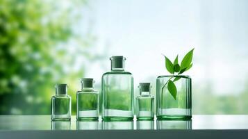 AI Generated Small and large glass bottles with a green plant on a white table with a blurred forest background. photo