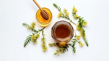 AI generated Honey flows from a spoon into a jar. Flower honey in a jar and a honey ladle on a white background. photo