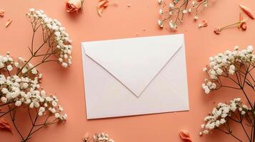 AI Generated Envelope, flowers and gypsophila on color background. photo