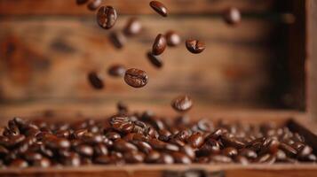 AI generated Heap of coffee beans falling into a pile with a wooden background photo