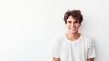 ai generado sonriente joven hombre con marrón pelo vistiendo un blanco camiseta en contra un blanco antecedentes foto