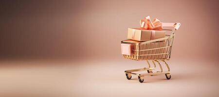 AI generated Generative AI, peach fuzz color shopping cart with many gift boxes on light peach background, holiday concept, discount and sale. photo