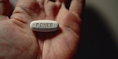 AI generated Generative AI, person is holding on the hand white pill with word Power, nutrition and healthcare concept photo