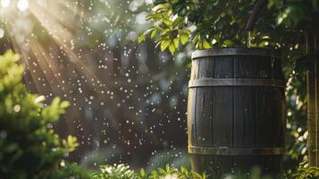 AI generated Generative AI, rainwater harvesting system in the garden with barrel, ecological reusing water concept photo