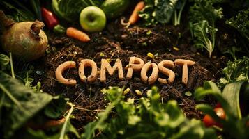 AI generated Generative AI, word Compost made of food waste compost and soil, environmental background, biodegradable kitchen waste, composting organic food photo