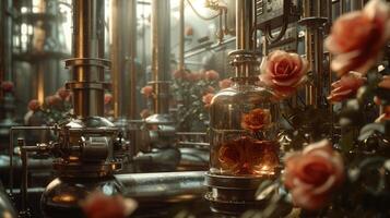 AI generated Generative AI, Essential oil extraction with distillery machine with rose flowers photo