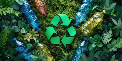 AI generated Generative AI, A recycling logo sign made of crumpled plastic bottles, zero waste, reuse concept with copy space photo