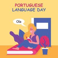 ilustración vector gráfico de rubia mujer es sentado y participación un libro, Perfecto para internacional día, portugués idioma día, celebrar, saludo tarjeta, etc.