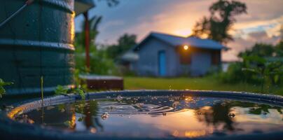 ai generado generativo ai, agua de lluvia cosecha sistema en el jardín con barril, ecológico concepto para plantas riego, reutilizando agua concepto foto