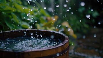 ai generado generativo ai, agua de lluvia cosecha sistema en el jardín con barril, ecológico reutilizando agua concepto foto