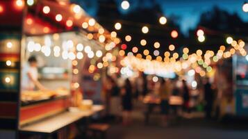 ai generado generativo ai, comida camión calle festival, borroso luces fondo, atmosférico Bokeh, apagado colores foto