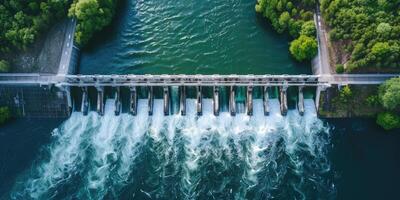 AI generated Generative AI, hydroelectric dam utilizing the flow of water to produce sustainable energy, power station, aerial view photo