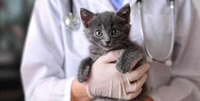 AI generated Generative AI, veterinarian is holding in hands cute small kitten, vet clinic banner with copy space photo