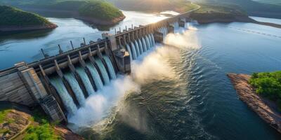 AI generated Generative AI, hydroelectric dam utilizing the flow of water to produce sustainable energy, power station, aerial view photo