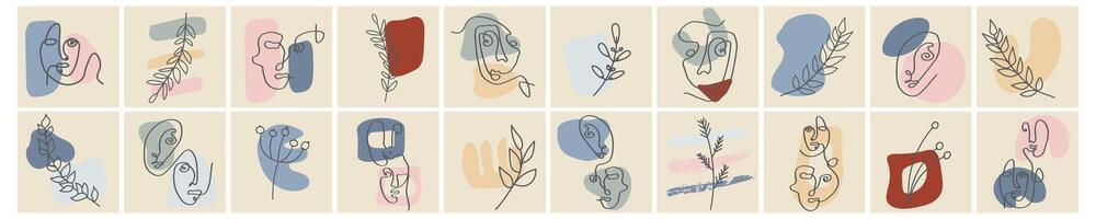 Various faces, leaves and abstract shapes. Contemporary vector illustrations on color backgrouds. Line, minimalistic elegant concept. Perfect for social media, cards, postcards.