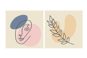 Various faces, leaves and abstract shapes. Contemporary vector illustrations on color backgrouds. Line, minimalistic elegant concept. Perfect for social media, cards, postcards.