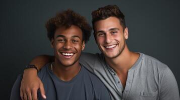 ai generado dos alegre multiétnico joven hombres abrazando cada otro con contento expresiones en oscuro gris antecedentes foto